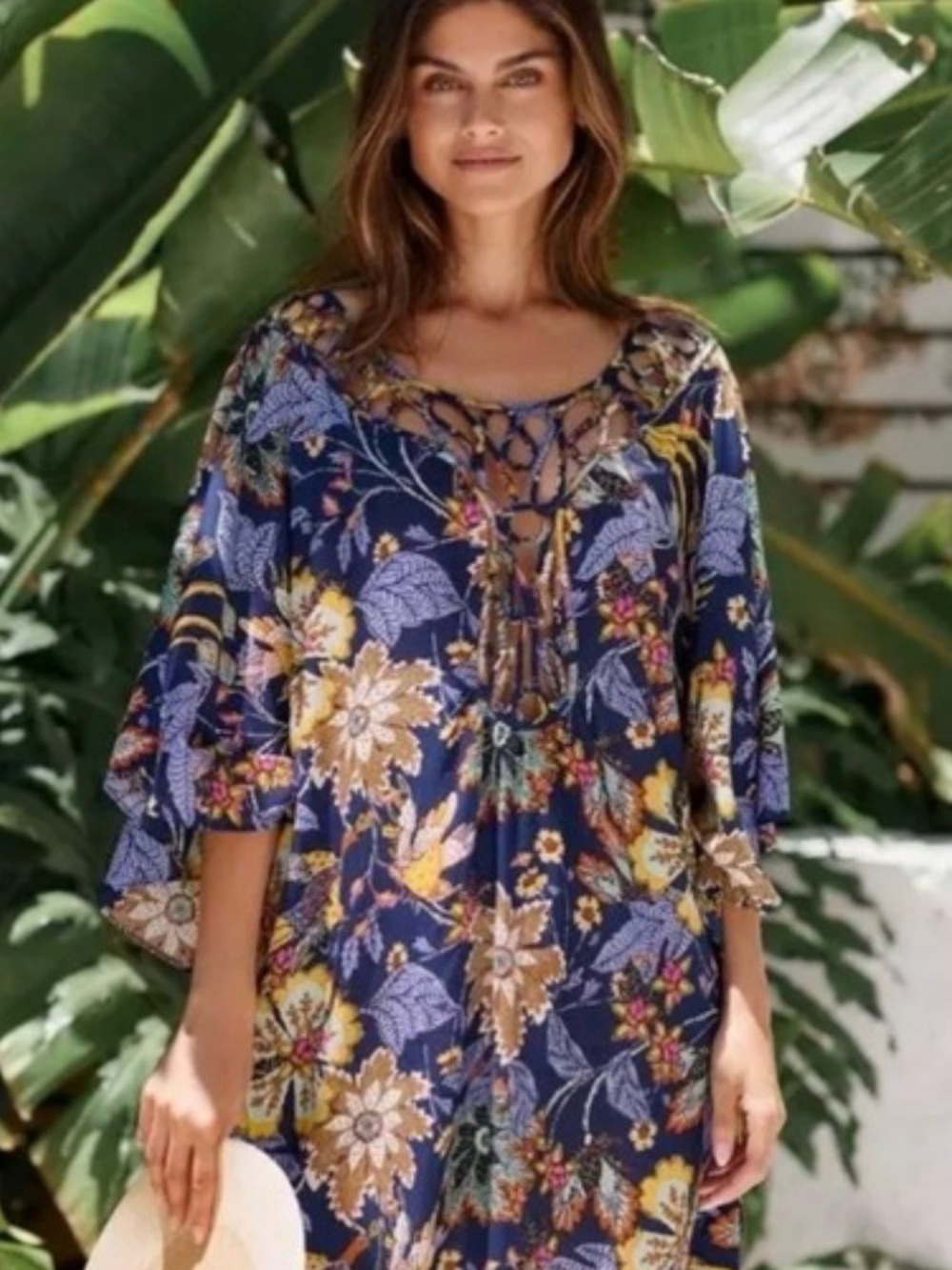 Anthropologie Navy Floral Lace-Up Tunic with Yellow Accents